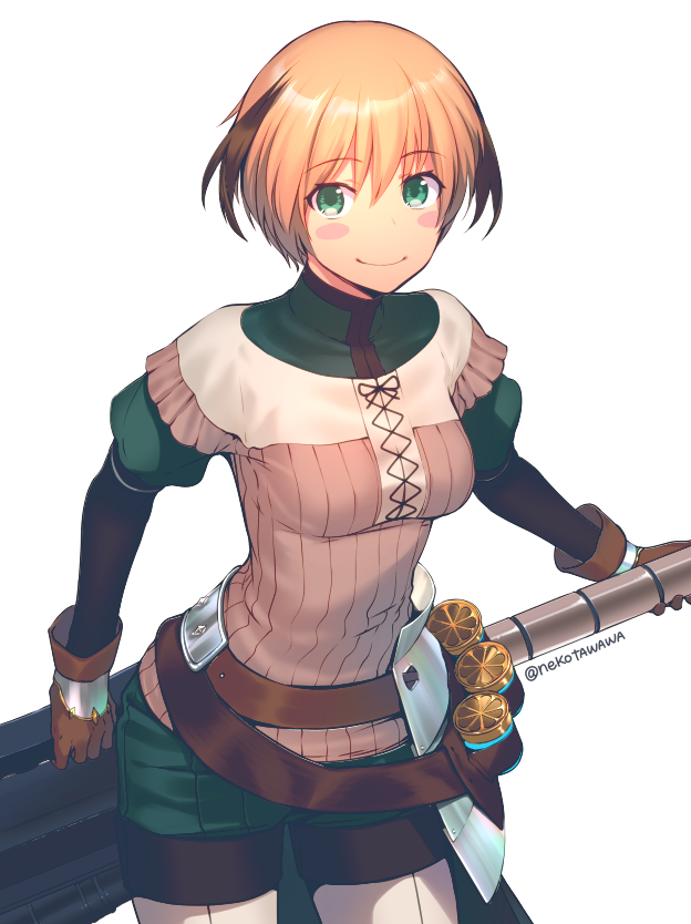 1girl, ammunition, belt, blonde_hair, blush_stickers, fate/grand_order, fate_(series), gareth_(fate/grand_order)