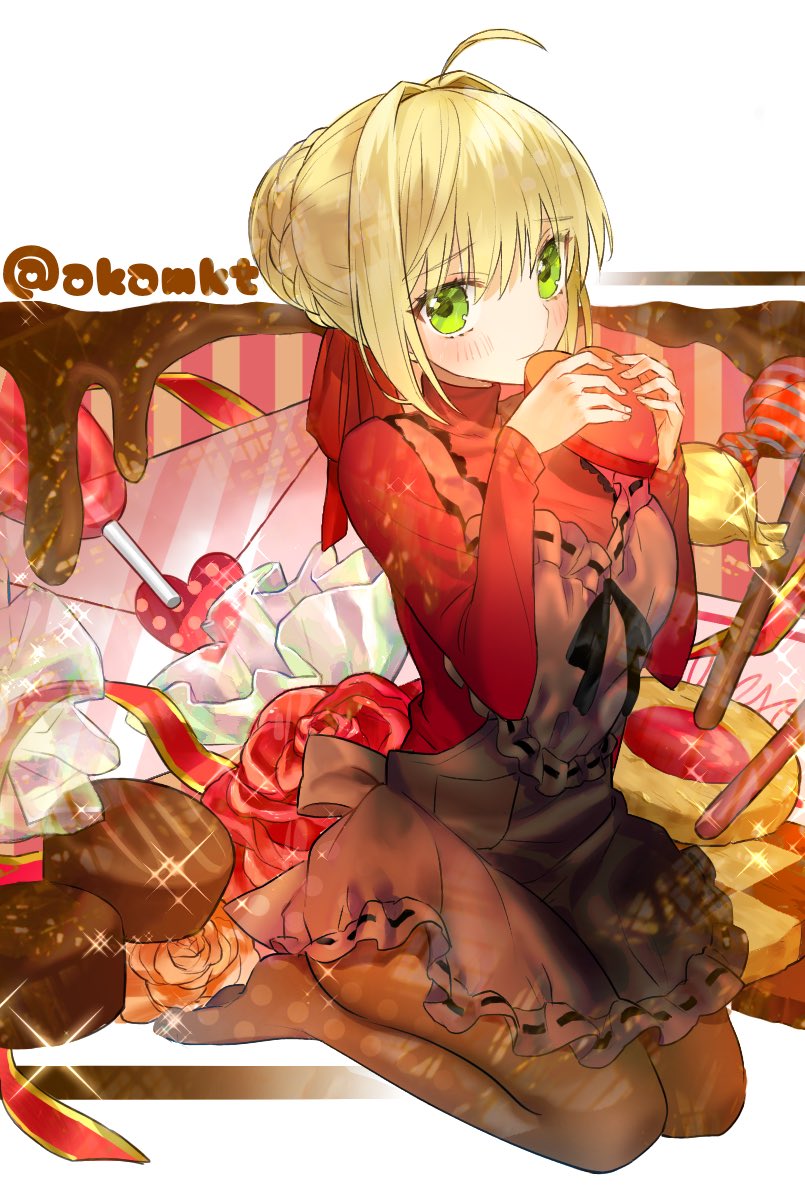 1girl, ahoge, akamakoto, apron, blonde_hair, bow, candy, chocolate