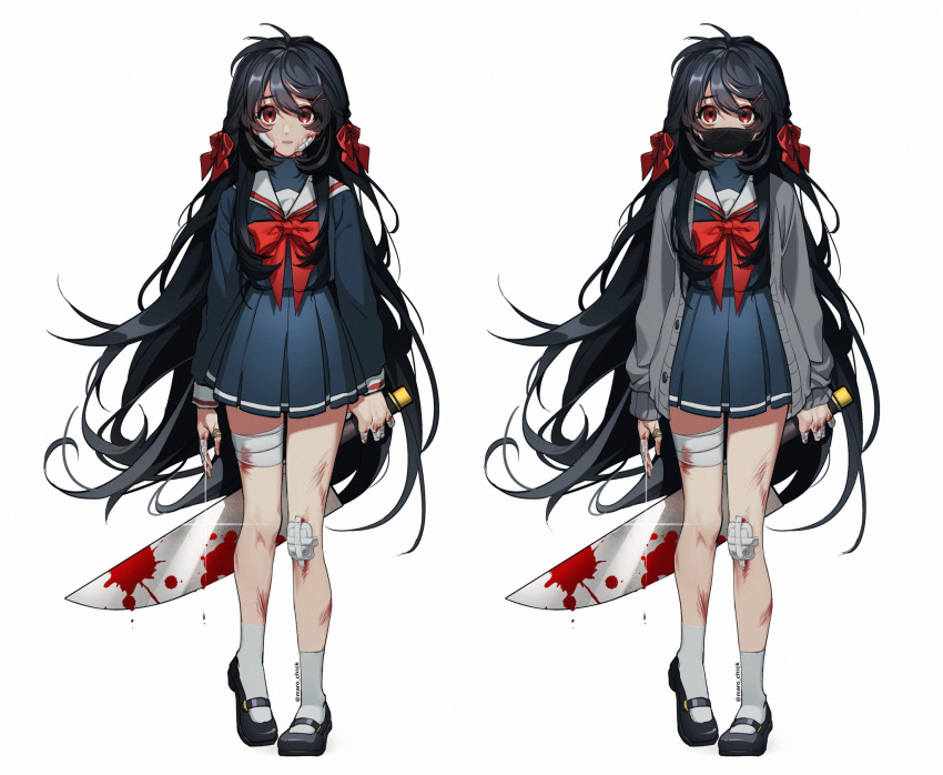 1girl, artist_name, bandaged_leg, bandages, bandaid, bandaid_on_face, bandaid_on_finger, bandaid_on_knee, bangs, black_footwear, black_hair, black_mask_(clothing), blood, blood_on_face, blood_on_leg, bloody_hands, bloody_weapon, blue_skirt, bow, bowtie, brown_eyes, cardigan, collar, commentary_request, copyright_request, face_mask, facing_viewer, full_body, grey_cardigan, grey_legwear, hair_between_eyes, hair_ornament, highres, holding, holding_knife, holding_weapon, hurt, knife, korean_commentary, long_hair, long_sleeves, looking_at_viewer, maro_(lij512), mask, open_mouth, red_bow, red_neckwear, school_uniform, serafuku, shoes, simple_background, skirt, smile, socks, sparkle, standing, surgical_mask, twitter_username, uniform, variations, very_long_hair, weapon, white_background