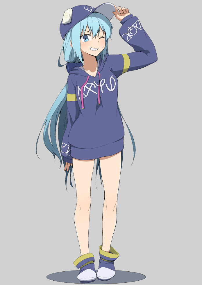 1girl, ;d, alternate_costume, aqua_(konosuba), arm_at_side, arm_up, bare_legs, baseball_cap