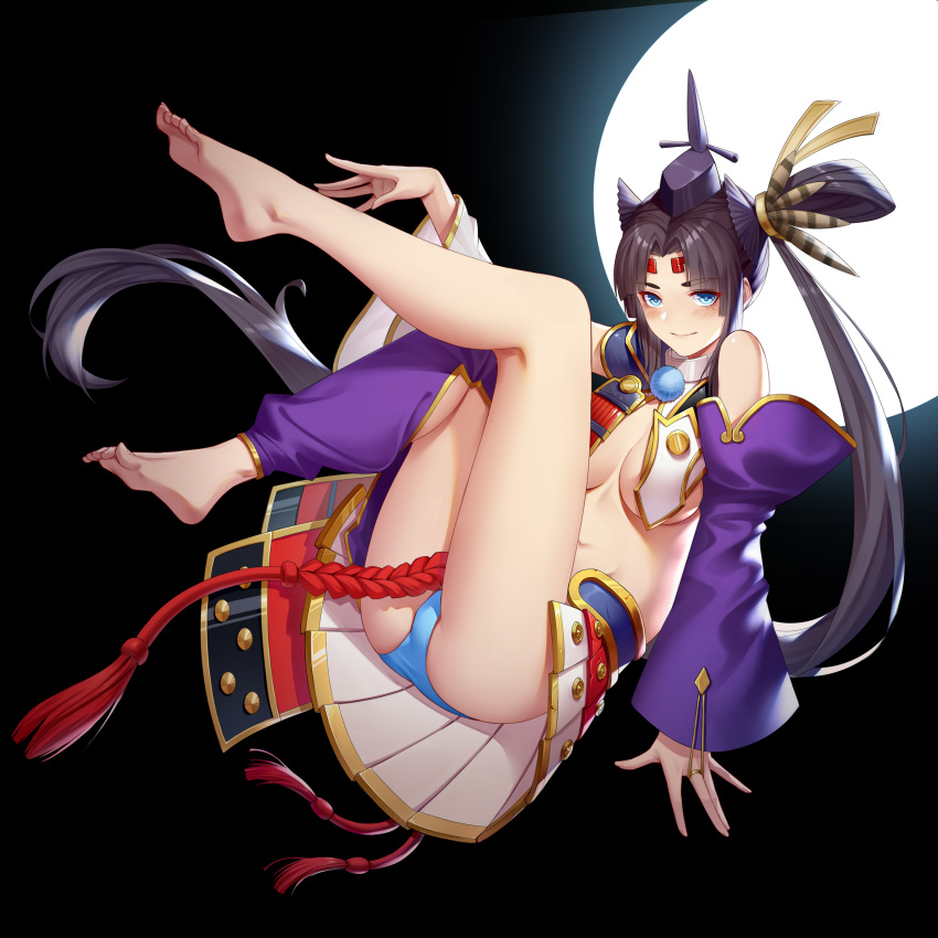 1girl, absurdres, armor, ass, bangs, bare_shoulders, barefoot, black_hair