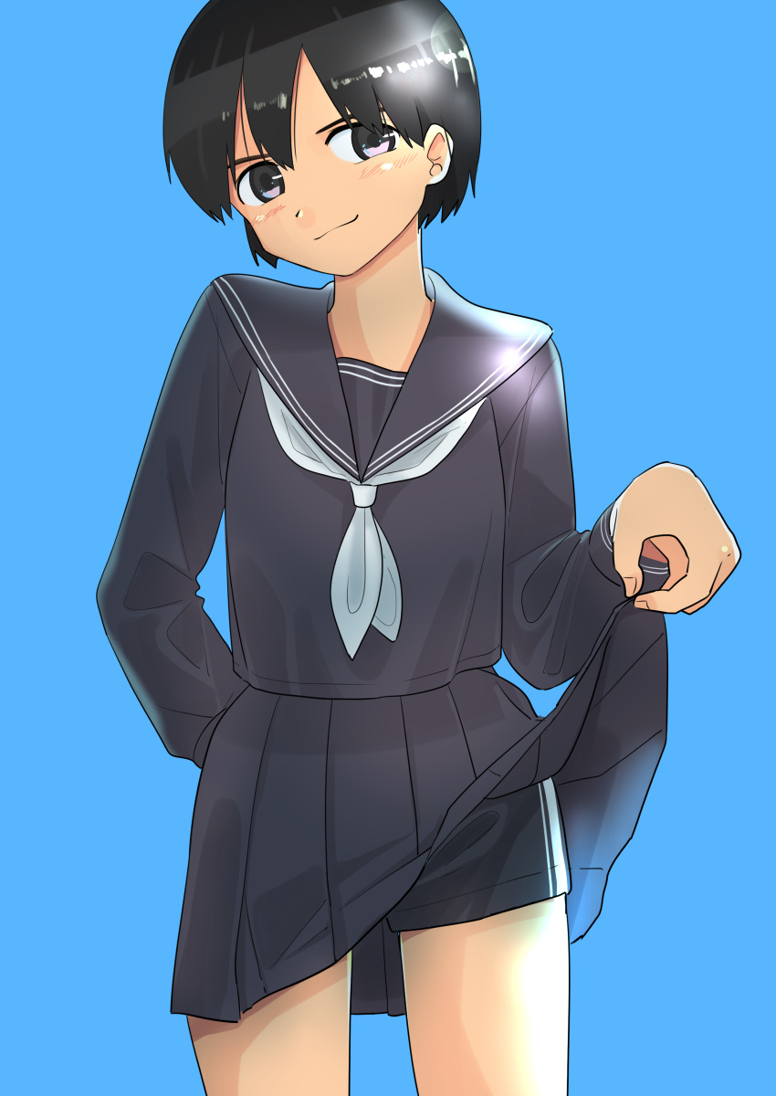 1girl, absurdres, black_hair, haida_katsuretsu, highres, lifted_by_self, original, school_uniform