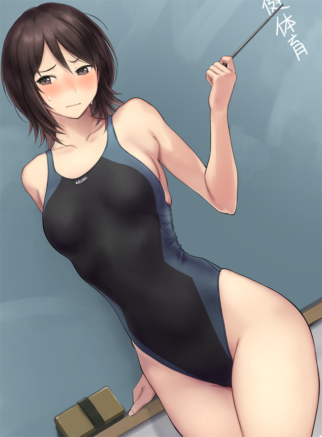 1girl, amagami, black_swimsuit, blush, brown_eyes, brown_hair, chalkboard, classroom_eraser, commentary_request, competition_swimsuit, cowboy_shot, dutch_angle, nose_blush, nozomi-y, one-piece_swimsuit, pointer, short_hair, solo, standing, swimsuit, takahashi_maya, teacher, translated
