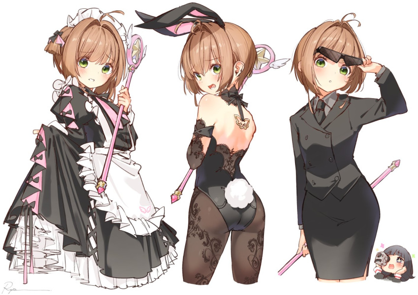 2girls, alternate_costume, animal_ears, apron, ass, back, bangs, bare_shoulders