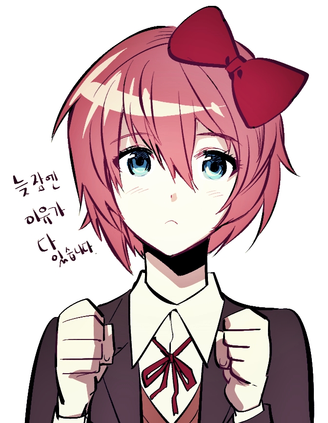 1girl, blue_eyes, blush, bow, brown_hair, closed_mouth, doki_doki_literature_club, eyebrows_visible_through_hair, hair_bow, hair_ornament, jacket, looking_at_viewer, pink_hair, red_bow, ribbon, sayori_(doki_doki_literature_club), school_uniform, short_hair, solo, tungbin, white_background