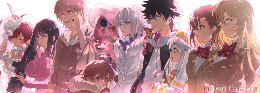 3boys, 6+girls, absurdres, accelerator, ahoge, albino, bare_shoulders, black_hair, blonde_hair, breasts, cat, coat, demon_girl, demon_wings, dion_fortune, dress, fingernails, fur-trimmed_jacket, fur_trim, gun, habit, hair_ornament, hamazura_shiage, headgear, highres, hime_cut, hooded_coat, horizontal_pupils, index, jacket, kagura_kurosaki, kamijou_touma, large_breasts, last_order, minigirl, misaka_mikoto, multiple_boys, multiple_girls, nun, one_eye_closed, open_mouth, othinus, pale_skin, pointy_ears, qliphah_puzzle_545, red_eyes, redhead, ribbon, rifle, robe, safety_pin, school_uniform, sharp_fingernails, sharp_teeth, shokuhou_misaki, silver_hair, smile, sniper_rifle, sphinx_(index), strapless, strapless_dress, suppressor, symbol-shaped_pupils, takitsubo_rikou, teeth, tentacle_hair, to_aru_majutsu_no_index, to_aru_majutsu_no_index:_genesis_testament, tokiwadai_school_uniform, track_suit, weapon, white_coat, white_hair, wings, winter_clothes, winter_coat, yellow_pupils