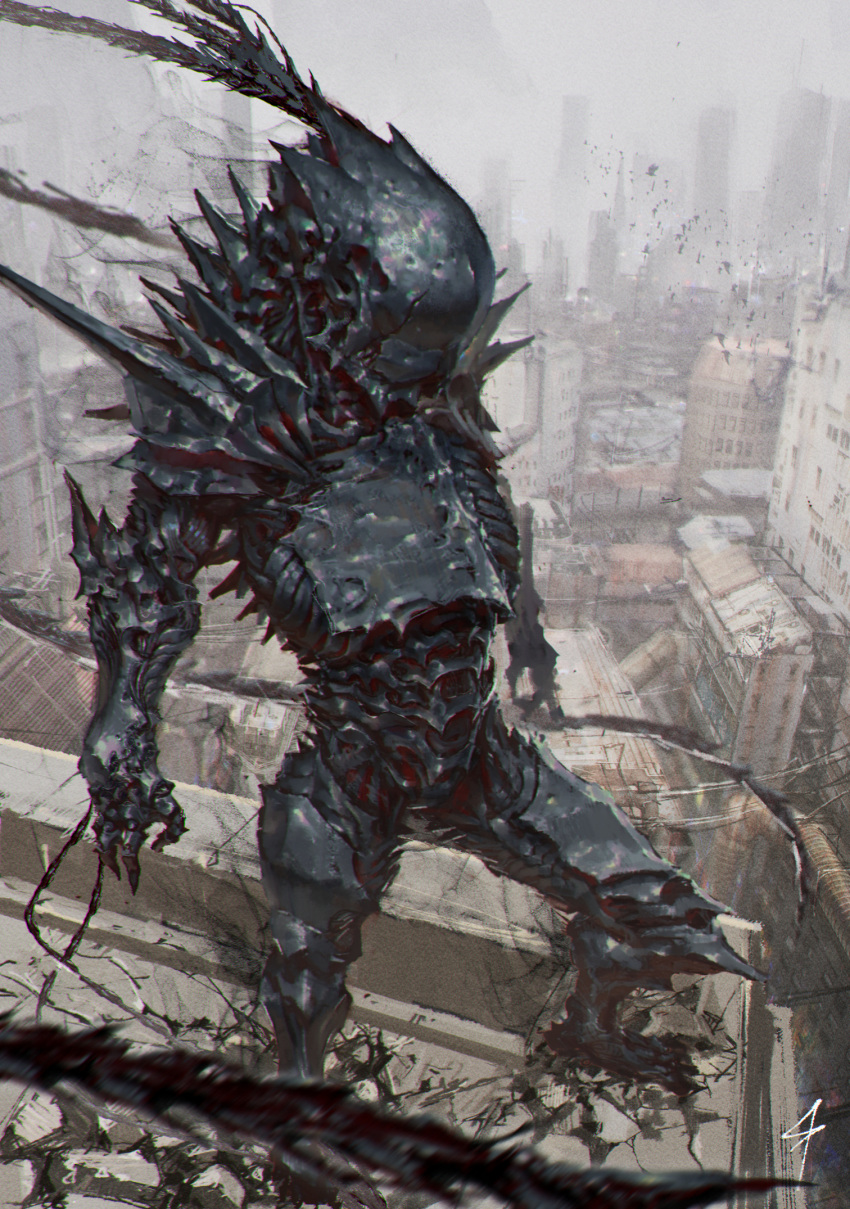1boy, abara, armor, commentary_request, fog, full_body, gas1, highres