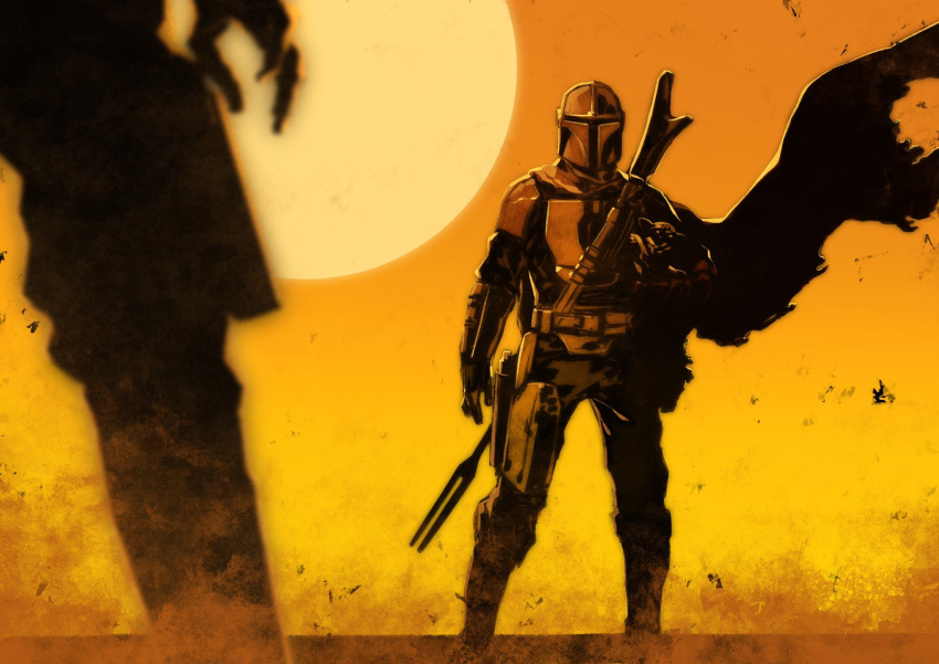 alien, armor, baby, blurry, cape, carrying, depth_of_field, dust, gun, helmet, highres, holster, holstered_weapon, miwa_shirou, orange_sky, silhouette, sky, standing, standoff, star_wars, sun, sunset, the_child_(star_wars), the_mandalorian, the_mandalorian_(character), weapon