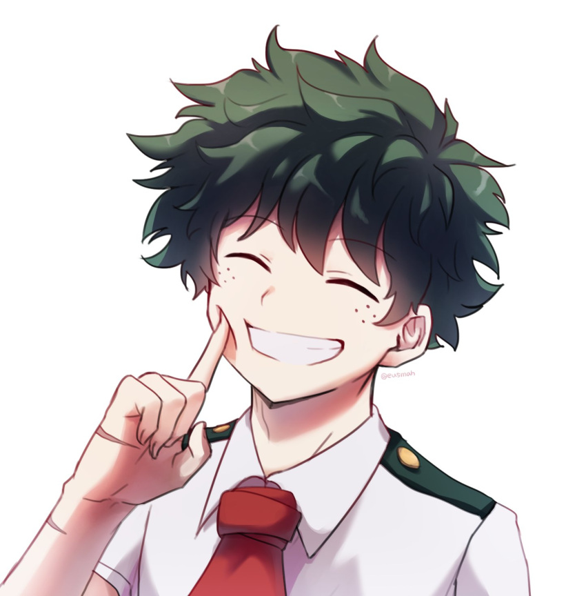 1boy, boku_no_hero_academia, cheek_poking, closed_eyes, eyebrows_visible_through_hair, freckles, green_hair, grin, hamsue, hand_up, highres, messy_hair, midoriya_izuku, necktie, poking, red_neckwear, scar, school_uniform, short_hair, simple_background, smile, solo, twitter_username, u.a._school_uniform, upper_body, white_background