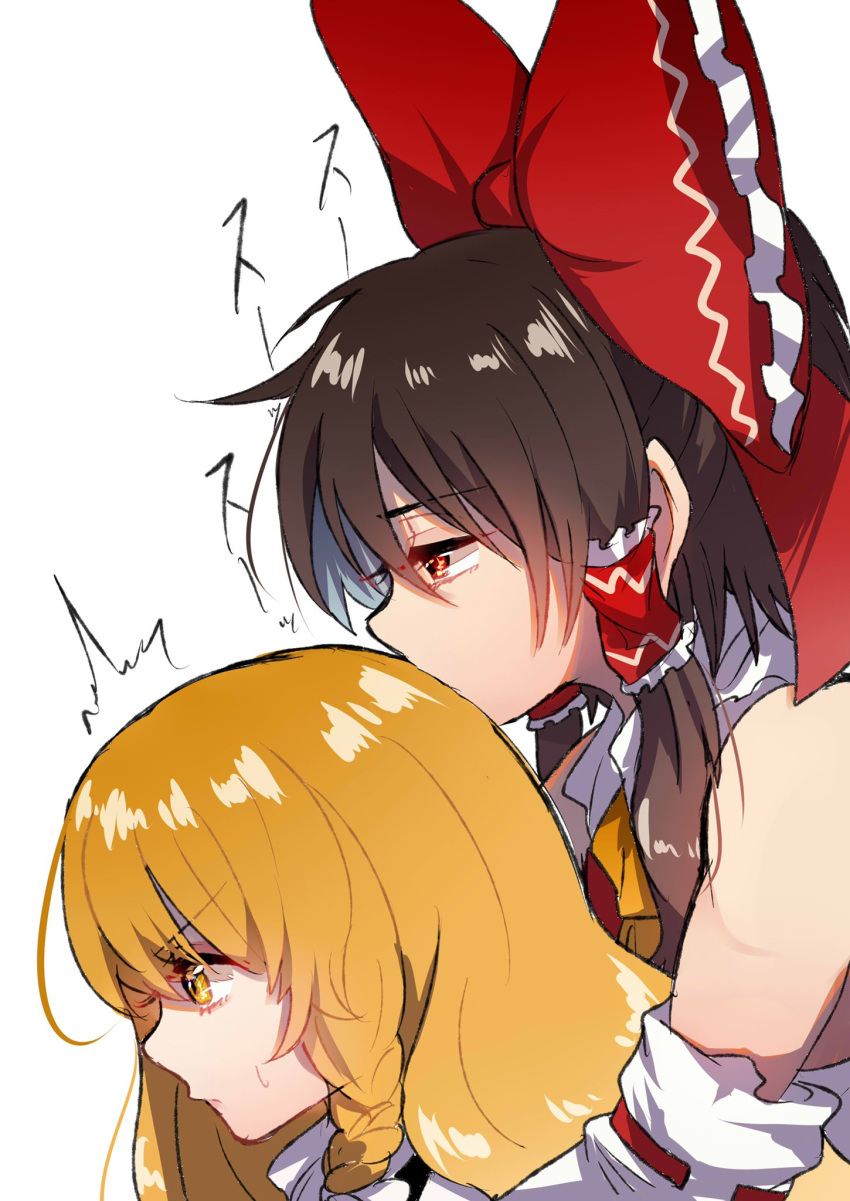 /\/\/\, 2girls, ascot, bangs, bare_shoulders, blonde_hair, blouse, bow