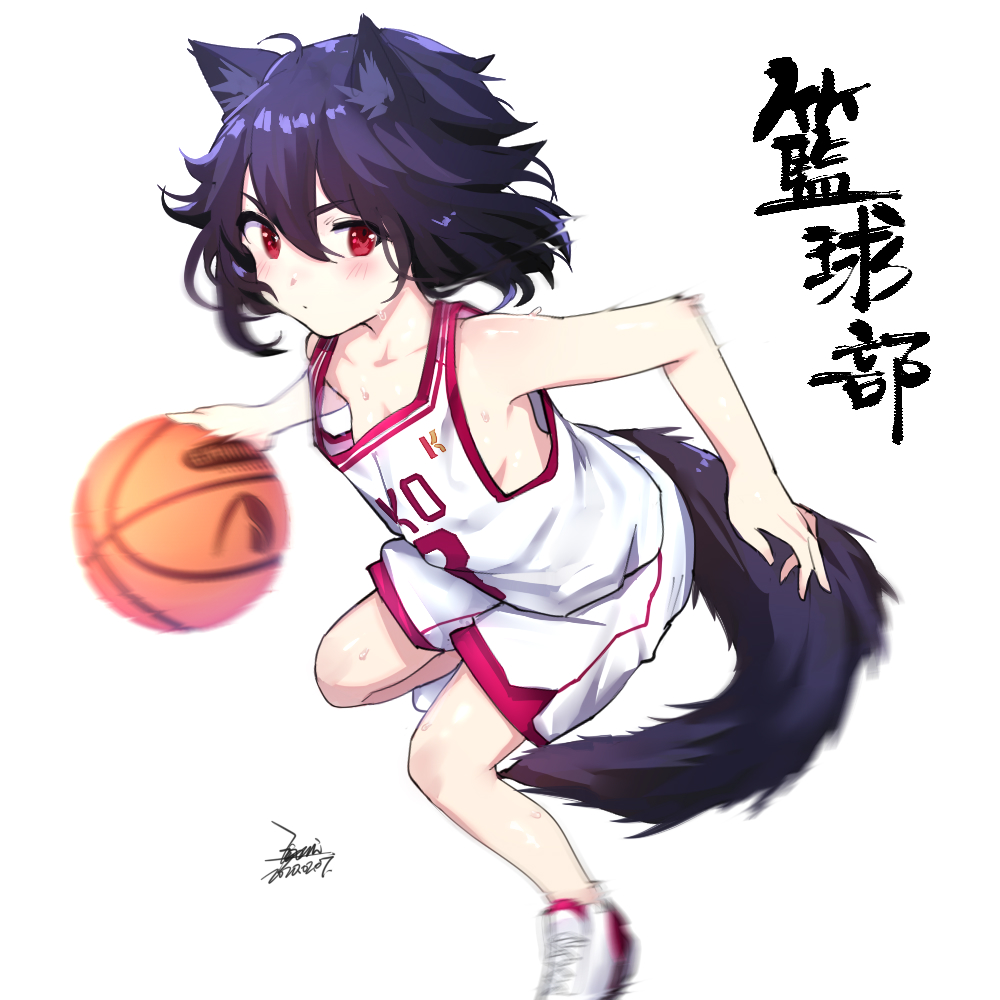 1girl, animal_ears, basketball, basketball_uniform, black_hair, blush, commentary_request, ejami