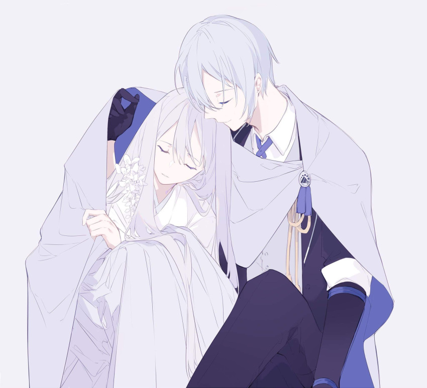 1boy, 1girl, bangs, black_gloves, blue_eyes, cloak, closed_eyes, collared_shirt