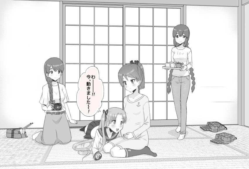 4girls, adapted_turret, alternate_costume, anchor_symbol, ayanami_(kantai_collection), braid, camera, cannon