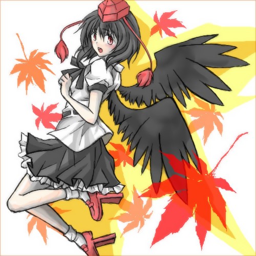 black_hair, black_wings, blush, geta, hat, leaf, leaves, lowres