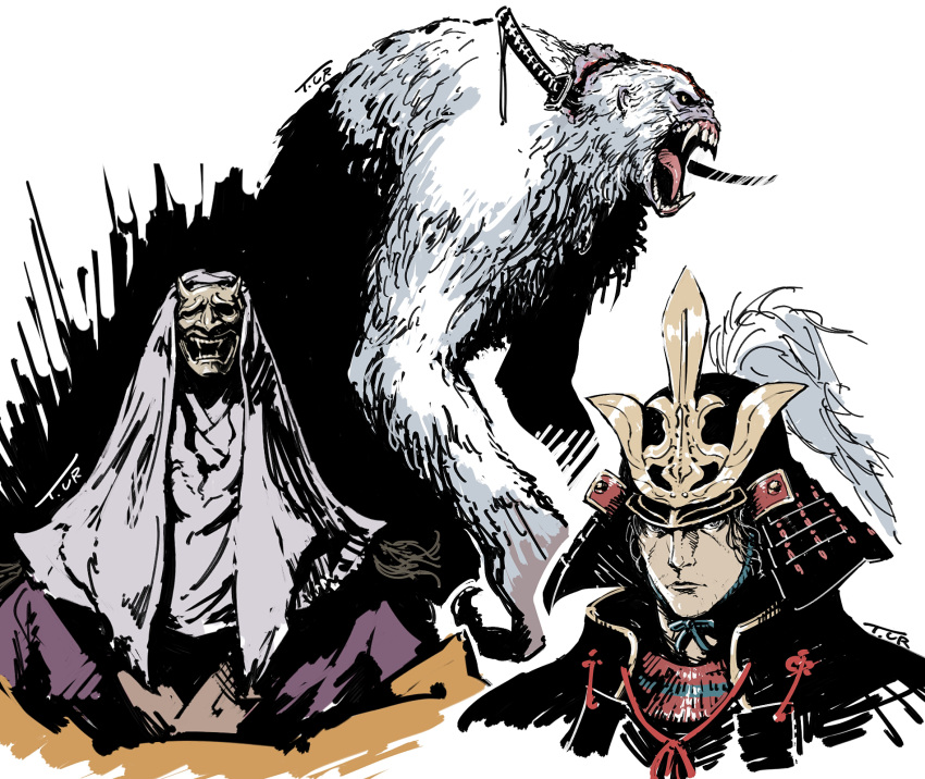 1boy, 1girl, armor, ashina_genichirou, black_eyes, closed_mouth, corrupted_monk, gorilla
