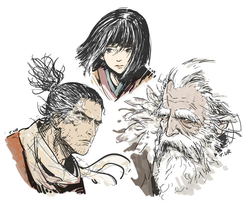 3boys, beard, black_eyes, black_hair, closed_mouth, facial_hair, great_shinobi_owl, highres