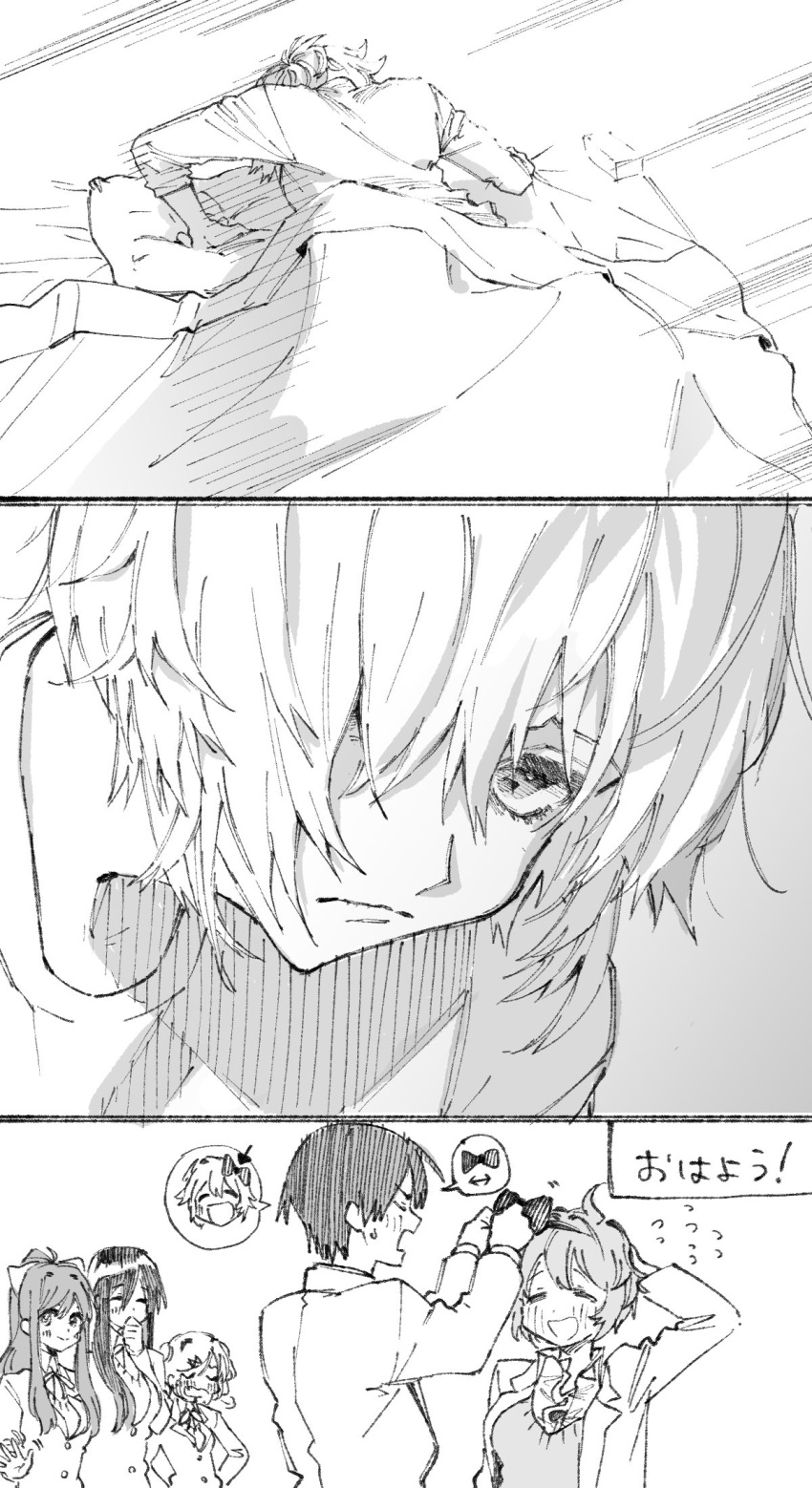 1boy, 4girls, blush, doki_doki_literature_club, fang, flying_sweatdrops, grey_hair, hetero