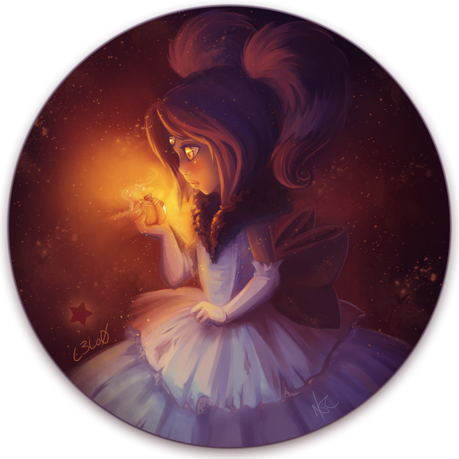 1girl, commentary, dark, dress, english_commentary, extra_eyes, flat_chest, from_side, frown, gloves, holding, light, long_hair, mutant, neopets, nikkified, no_humans, ribbon, signature, solo, standing, star, star_(sky), twintails, usul, white_gloves, yellow_eyes