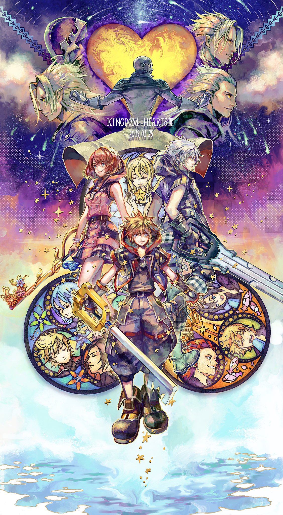 4girls, 6+boys, ansem_seeker_of_darkness, aqua_(kingdom_hearts), axel_(kingdom_hearts), bald, bracelet, copyright_name, dated, fingerless_gloves, food, gloves, highres, hood, jewelry, kairi_(kingdom_hearts), keyblade, kingdom_hearts, kingdom_hearts_iii, kingdom_key, looking_at_viewer, looking_back, mask, master_xehanort, moon, multiple_boys, multiple_girls, namine, nanase_shie, outstretched_arms, pendant, pointy_ears, popsicle, riku, roxas, silver_hair, smile, sora_(kingdom_hearts), star, terra_(kingdom_hearts), vanitas, ventus, xehanort, xemnas, xion_(kingdom_hearts), yellow_eyes