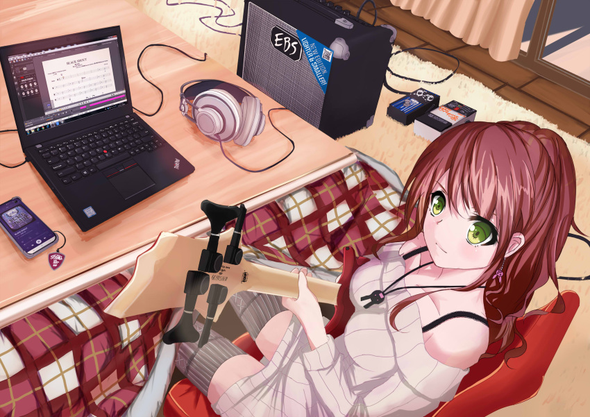 1girl, amplifier, bang_dream!, bangs, bare_shoulders, bass_guitar, beige_sweater, breasts, brown_hair, bunny_earrings, cable, cellphone, cellphone_strap, chinese_commentary, collarbone, commentary_request, computer, cowboy_shot, curtains, cushion, eyebrows_behind_hair, from_above, green_eyes, half_updo, headphones, highres, holding, holding_instrument, imai_lisa, instrument, jewelry, kotatsu, laptop, large_breasts, long_hair, long_sleeves, looking_at_viewer, necklace, off-shoulder_sweater, off_shoulder, pedal_(instrument), phone, rug, shadow, sheet_music, sidelocks, smartphone, smile, solo, striped, striped_legwear, sweater, table, thinkpad, tianyu_jifeng, tile_floor, tiles, under_kotatsu, under_table, window, window_shade, windows_7