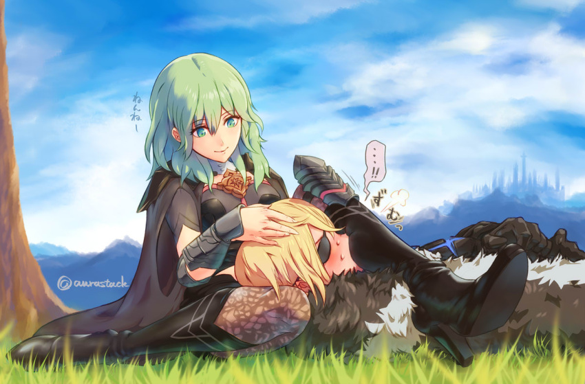 ...!, 1boy, 1girl, armor, aurastack, bangs, black_armor, black_cape