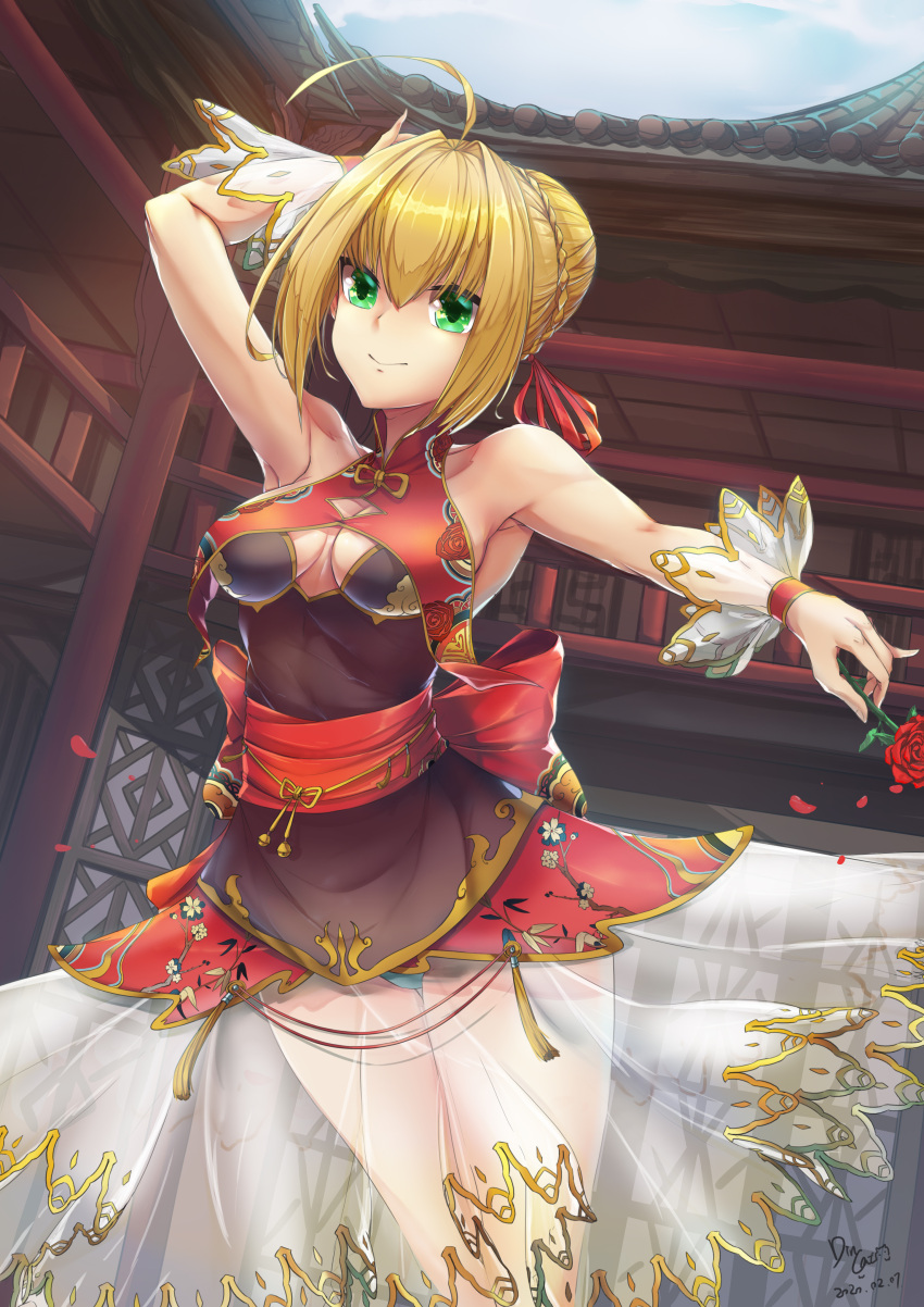 1girl, absurdres, ahoge, alternate_costume, architecture, blonde_hair, breasts, building