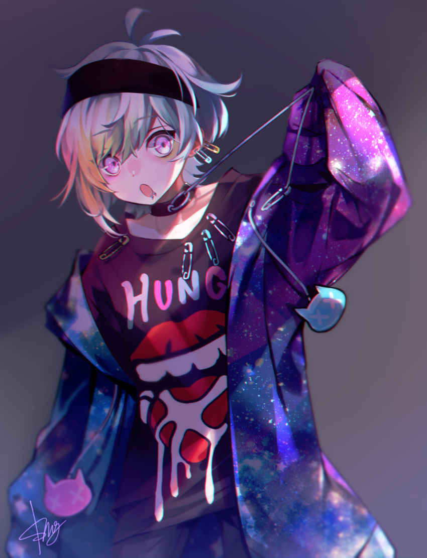 1boy, absurdres, ahoge, artist_name, choker, chromatic_aberration, eyebrows_visible_through_hair, headband