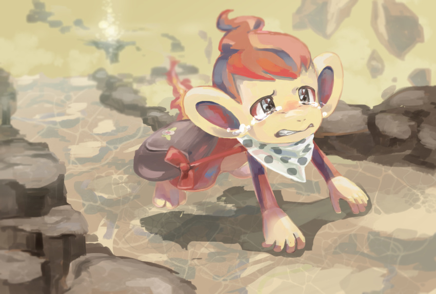 all_fours, bag, black_eyes, chimchar, commentary_request, creature, crying, full_body