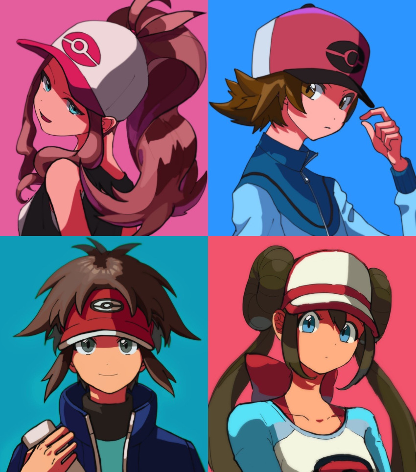 2boys, 2girls, baseball_cap, blue_eyes, closed_mouth, collarbone, commentary, double_bun