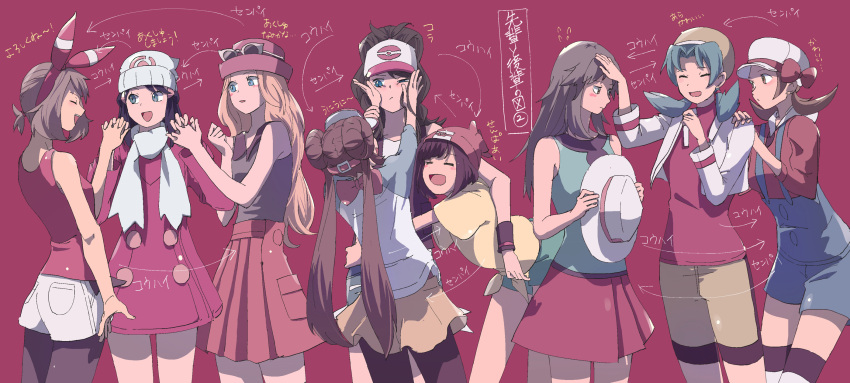 6+girls, :d, ^_^, baseball_cap, beanie, black_hair, black_shirt, blue_(pokemon)