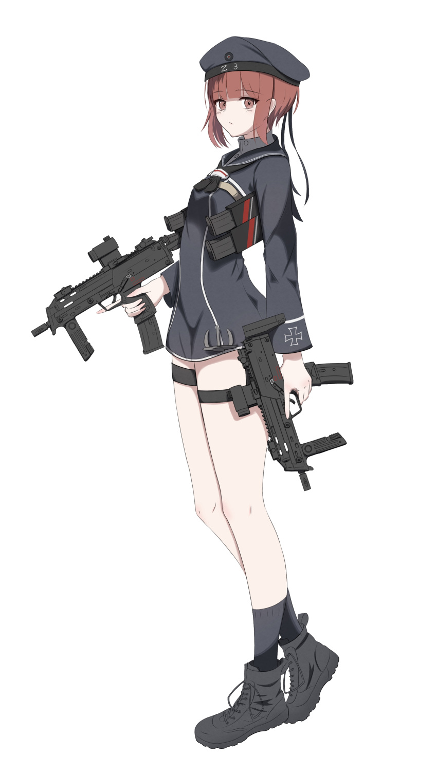 1girl, absurdres, boots, brown_eyes, clothes_writing, dress, dual_wielding, gun