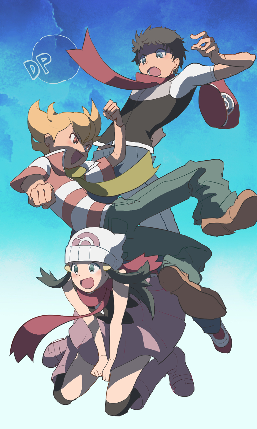 1girl, 2boys, :d, beanie, black_hair, black_shirt, blonde_hair, blue_sky, boots, brown_eyes, brown_footwear, copyright_abbreviation, copyright_name, day, falling, full_body, green_scarf, grey_eyes, happy, hat, hat_removed, headwear_removed, highres, hikari_(pokemon), jun_(pokemon), kouki_(pokemon), long_hair, multiple_boys, open_mouth, pants, pink_footwear, pink_skirt, pokemon, pokemon_(game), pokemon_dppt, red_headwear, rifu_(hunihuni1130), scarf, shirt, shoes, skirt, sky, smile, striped, striped_shirt, white_headwear