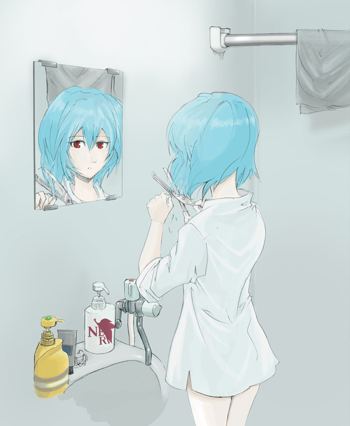 bad_id, bathroom, cutting_hair, hiro_(furidam), mirror, neon_genesis_evangelion, nerv, niimori_hiroshi