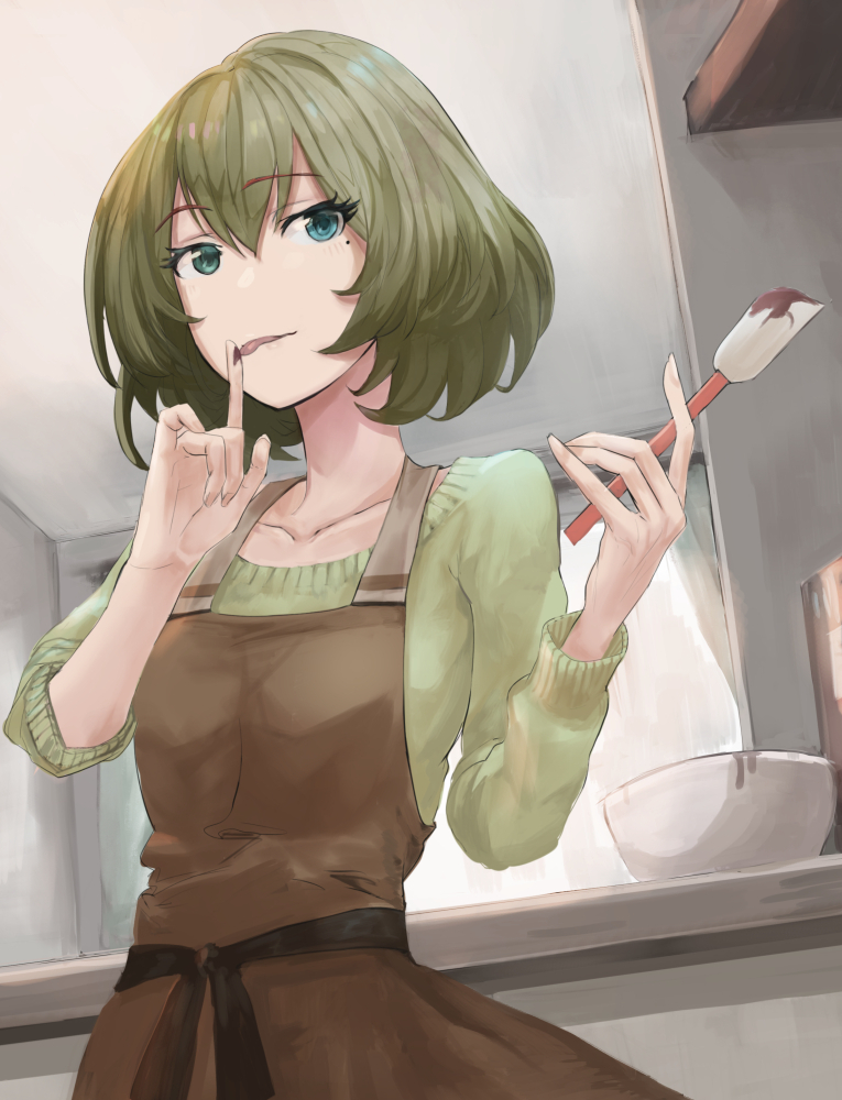 1girl, :p, arms_up, asymmetrical_sleeves, bangs, blue_eyes, bowl, breasts
