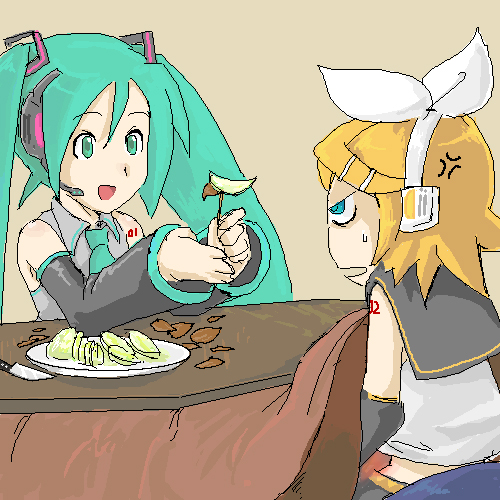 bad_id, hatsune_miku, hiro_(furidam), kagamine_rin, kotatsu, lowres, niimori_hiroshi, oekaki