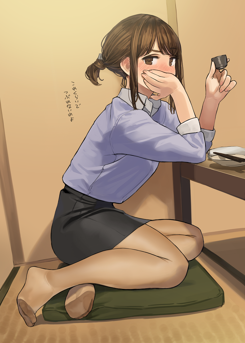 1girl, black_skirt, blush, brown_eyes, brown_hair, brown_legwear, choko_(cup), chopsticks