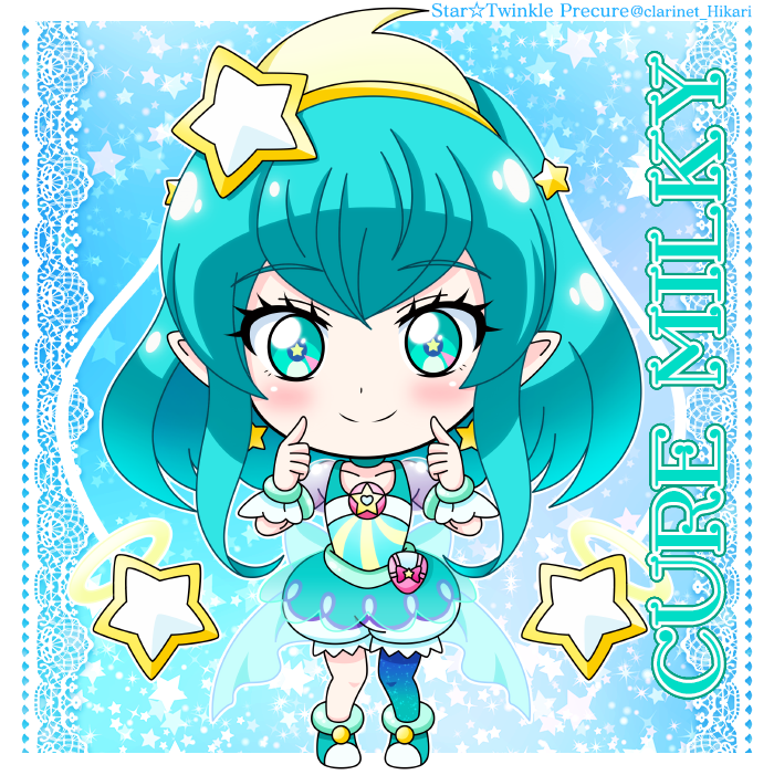 1girl, aqua_choker, chibi, cure_milky, earrings, hagoromo_lala, hair_ornament, hairband