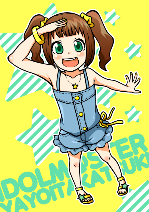 bad_id, brown_hair, flat_chest, green_eyes, happy, hntk, idolmaster, opne_mouth
