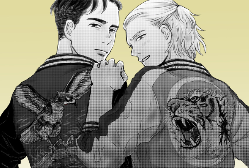 2boys, bird, blush, from_behind, greyscale, half_updo, hand_on_another's_shoulder, highres