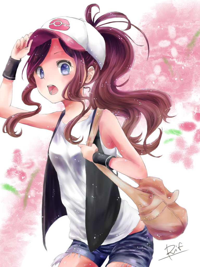 1girl, :o, bag, baseball_cap, black_vest, black_wristband, blue_eyes, blue_shorts, breasts, denim, denim_shorts, hand_on_headwear, handbag, hat, long_hair, looking_at_viewer, poke_ball_print, pokemon, pokemon_(game), pokemon_bw, ponytail, rifu_(hunihuni1130), shirt, short_shorts, shorts, sidelocks, signature, sleeveless, sleeveless_shirt, small_breasts, solo, standing, touko_(pokemon), upper_body, vest, white_headwear, white_shirt