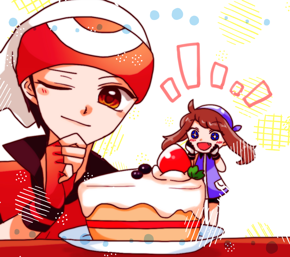 1boy, 1girl, :d, black_hair, blue_bandana, blue_eyes, blush, brown_eyes