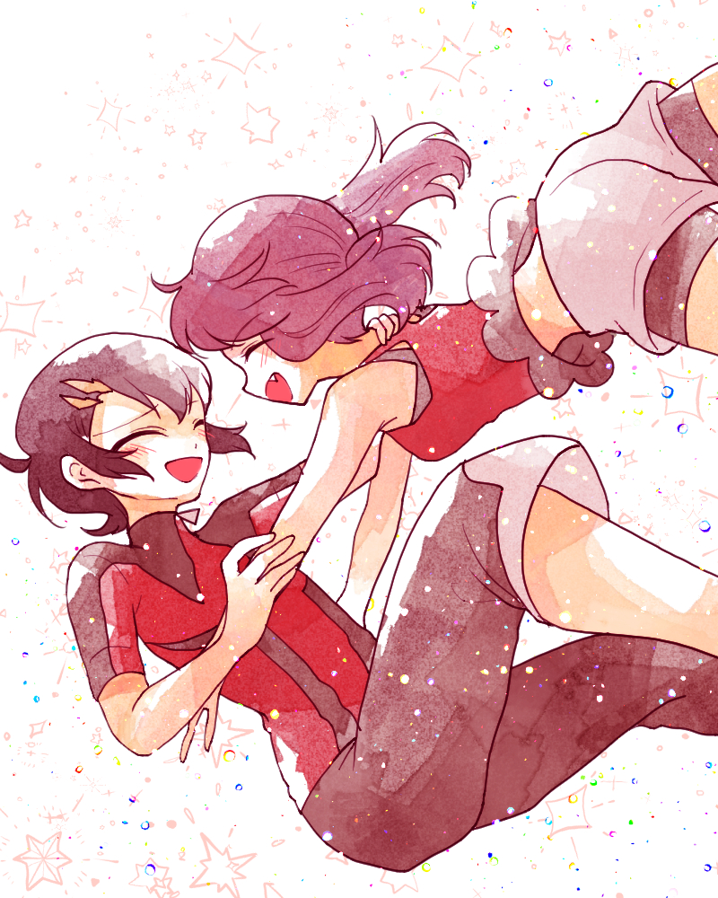 1boy, 1girl, :d, black_hair, blush, breasts, closed_eyes, couple