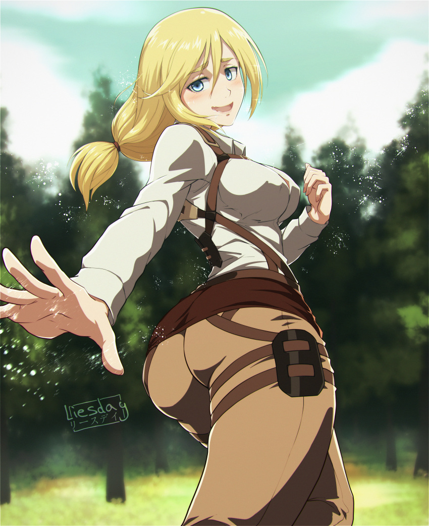 absurdres, blonde_hair, blue_eyes, blush, brown_pants, christa_renz, highres, ledy, looking_back, open_mouth, pants, ponytail, shingeki_no_kyojin, shirt, signature, smile, tree, white_shirt