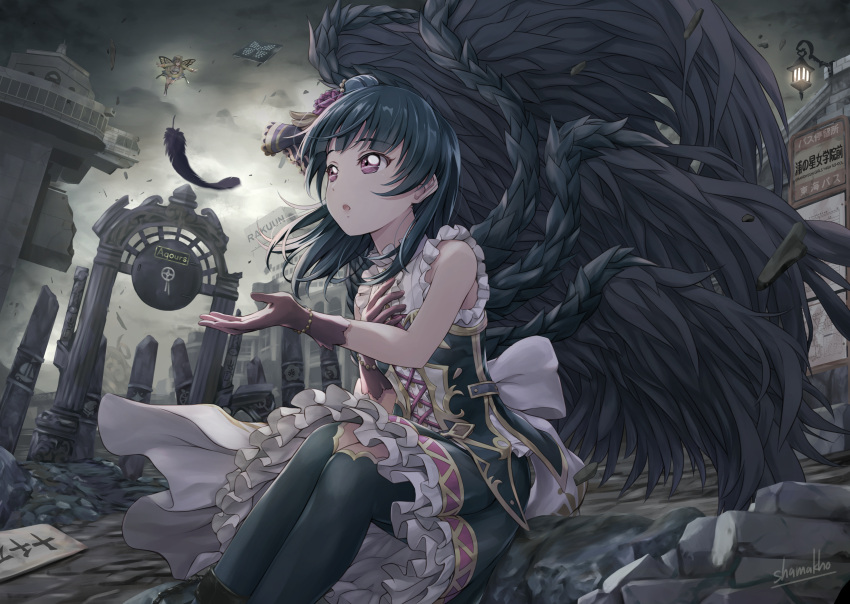 2girls, :o, artist_name, back_bow, bangs, black_feathers, black_legwear, black_wings, blue_hair, bow, bracelet, butterfly_wings, cross-laced_clothes, cupping_hand, dark_sky, dress, duplicate, fallen_angel, feathered_wings, feathers, flying, frilled_dress, frills, gate, gloves, group_name, hand_on_own_chest, highres, jewelry, kunikida_hanamaru, love_live!, love_live!_sunshine!!, mitaiken_horizon, multiple_girls, one_eye_closed, outdoors, overcast, rubble, ruins, shadowverse, shamakho, side_bun, sitting, sleeveless, sleeveless_dress, solo_focus, thigh-highs, tsushima_yoshiko, violet_eyes, white_bow, wings