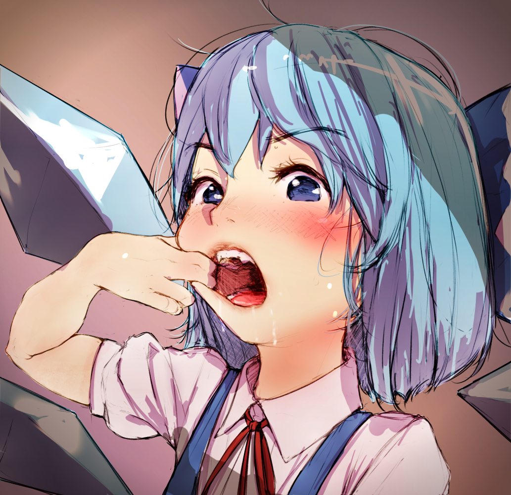 blue_dress, blue_eyes, blue_hair, blush, cirno, diathorn, dress, fangs