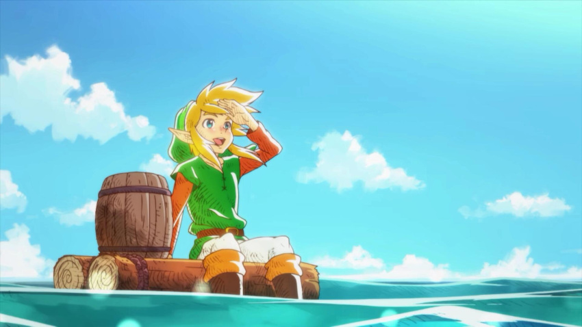 1boy, barrel, blonde_hair, blue_eyes, blue_sky, boots, clouds, highres