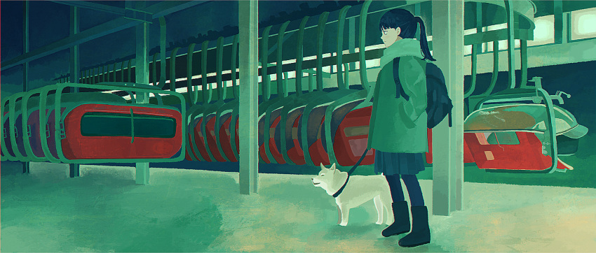 1girl, animal, backpack, bag, bangs, black_footwear, black_hair, boots