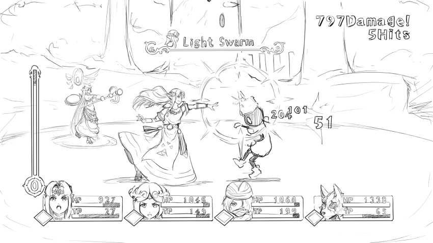 1boy, 3girls, automatic_giraffe, belt, bracer, commentary, dress, english_commentary