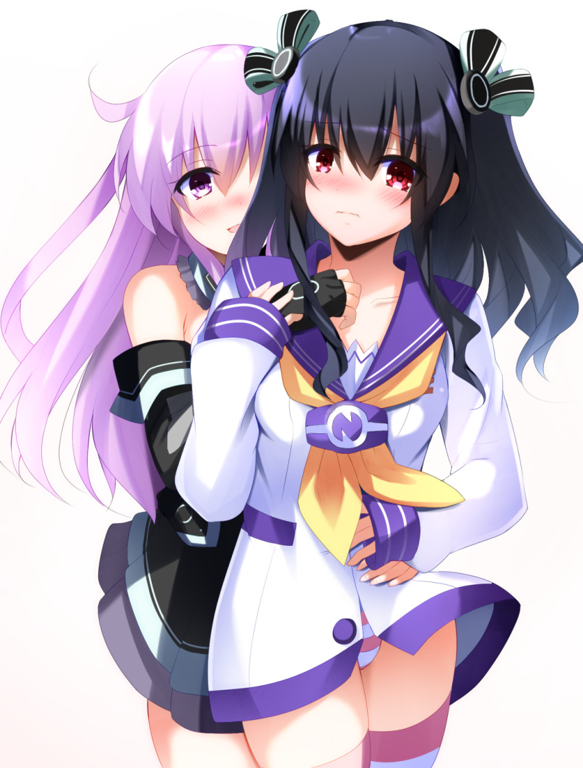 2girls, :d, bangs, black_dress, black_gloves, black_hair, blush, choujigen_game_neptune