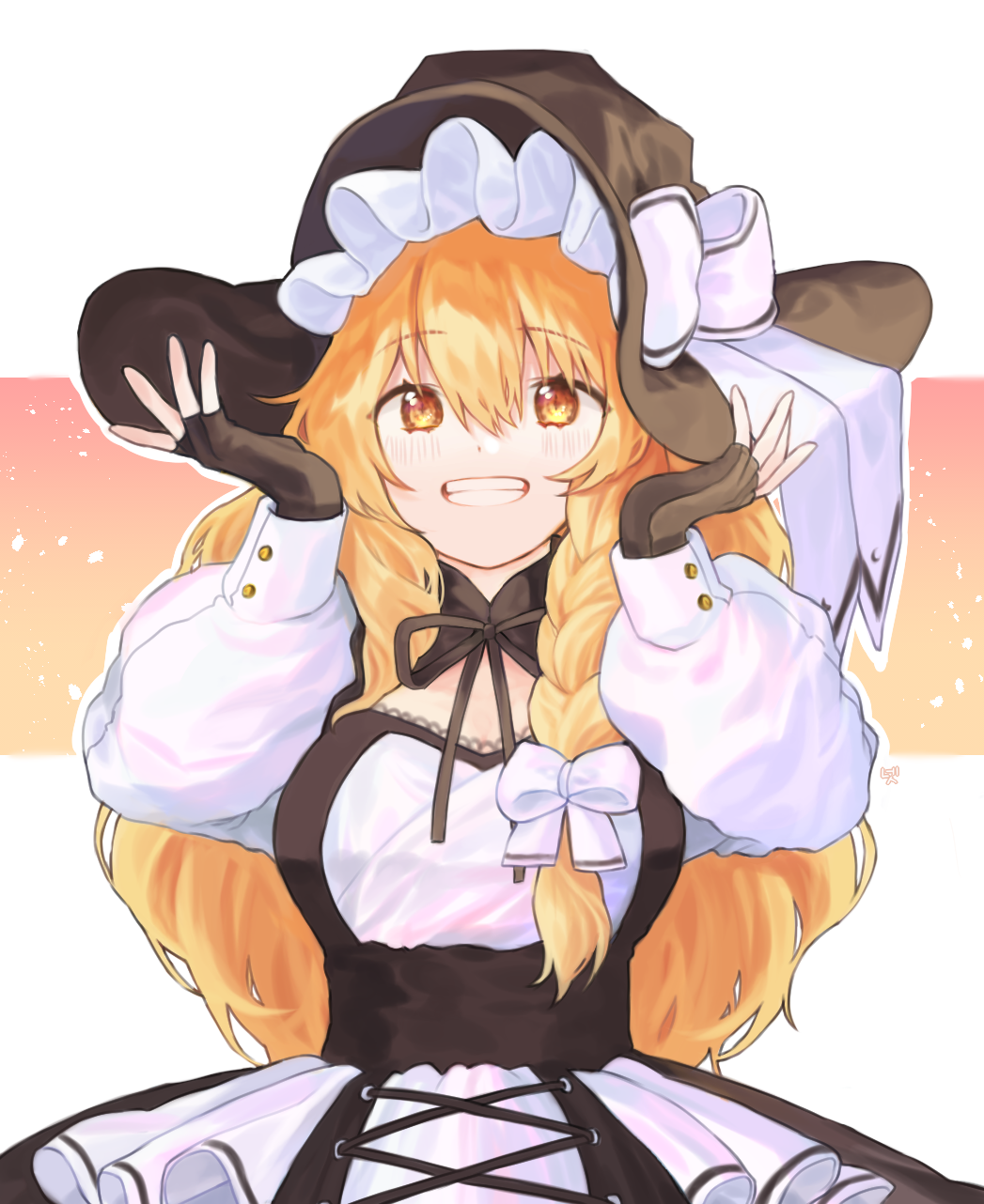 1girl, bangs, black_dress, black_gloves, black_headwear, blonde_hair, blush, bow, braid, breasts, cheunes, commentary, dress, eyebrows_visible_through_hair, fingerless_gloves, gloves, grin, hair_between_eyes, hair_bow, hands_up, hat, hat_bow, highres, kirisame_marisa, large_breasts, long_hair, long_sleeves, looking_at_viewer, puffy_sleeves, shirt, simple_background, single_braid, smile, solo, touhou, upper_body, very_long_hair, white_background, white_bow, white_shirt, witch_hat, yellow_eyes